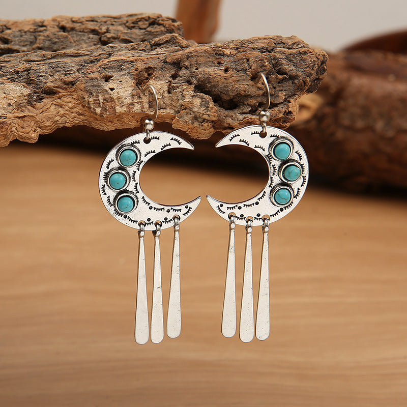 Wholesale Retro Crescent Eyelash Lace Earrings,  Alloy Turquoise Tassel Jewelry Accessory