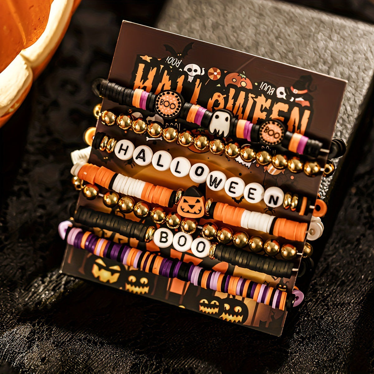 Wholesale 7-piece Halloween Pumpkin Ghost Black and Purple Polymer Clay Bracelet ACC-BT-FenRui010