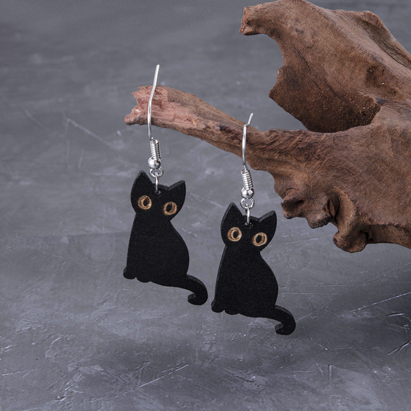 Wholesale Halloween Black Cat Skull Cat Wood Earrings ACC-ES-FuSu012