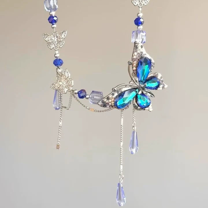 Wholesale Blue Diamond Butterfly Water Drops Tassel Necklace