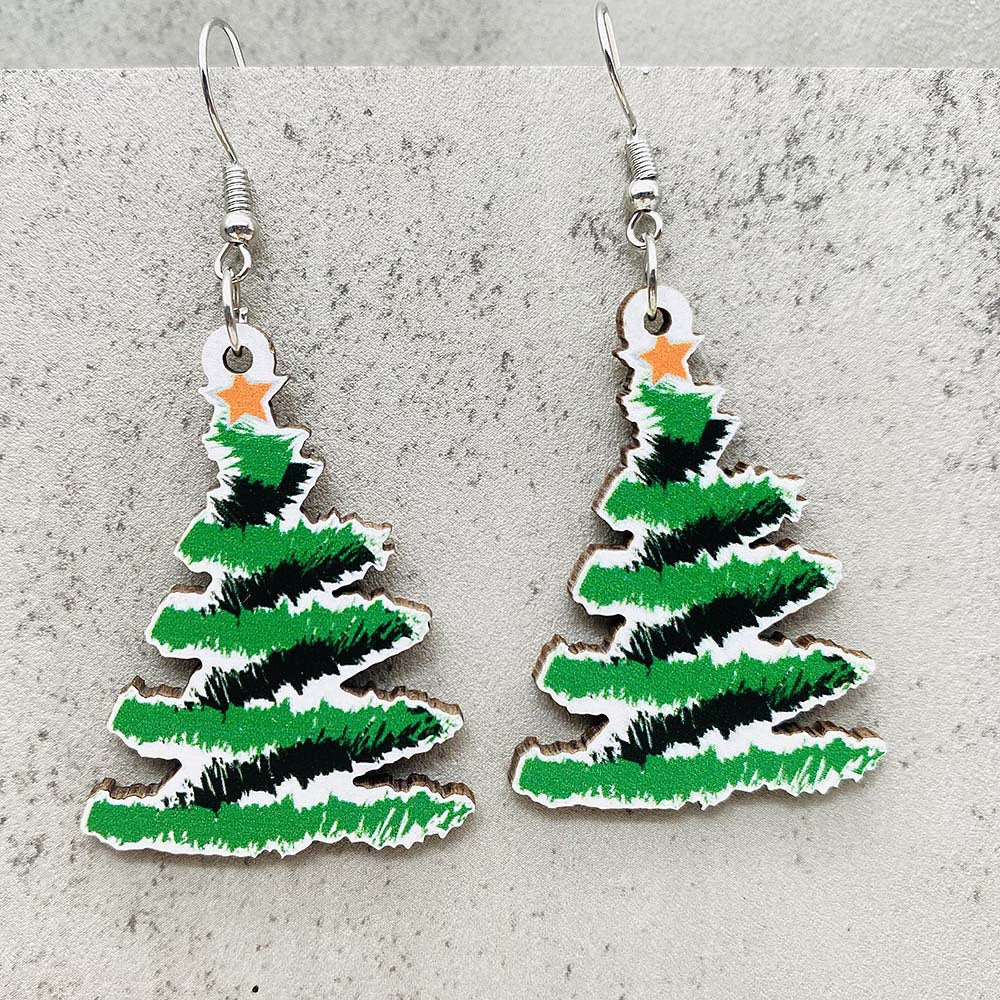 Wholesale Christmas Leopard Print Lights Christmas Tree Wood Earrings ACC-ES-ChenY086