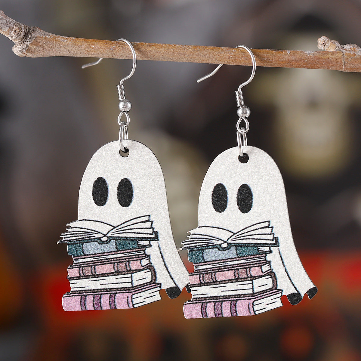 Wholesale Halloween Book Ghost Earrings Wood Earrings Goth Theme Double-sided Earrings ACC-ES-ChuLian036