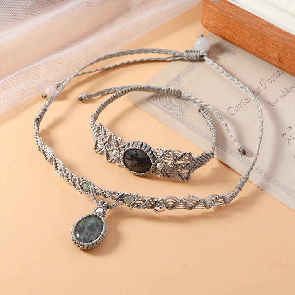 Wholesale Handmade Labradorite Stone Wrap Bracelet Necklace Set Anniversary Gift Jewelry Accessory