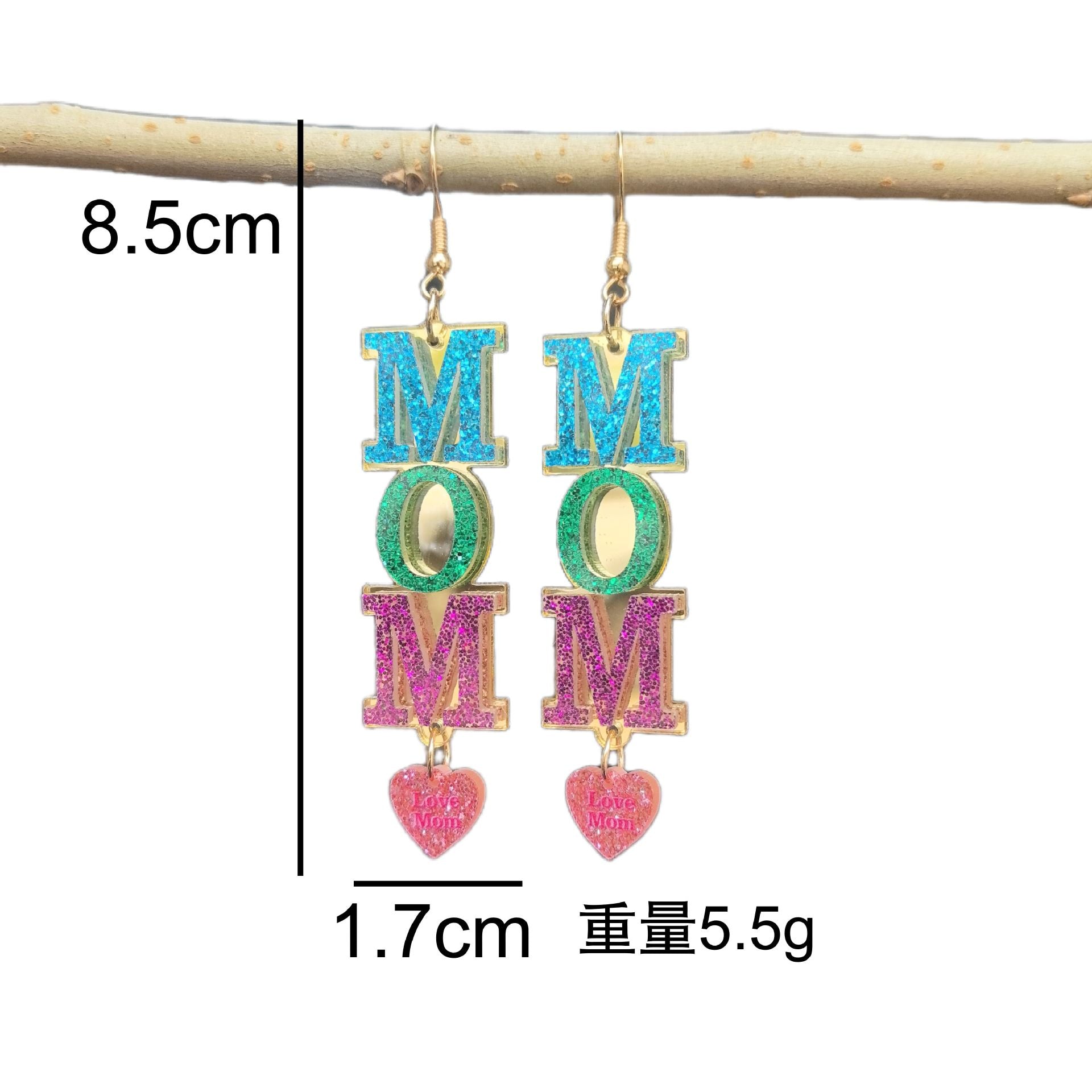 Wholesale New European and American style Mother' s Day patchwork acrylic MOM MAMA letter heart earrings - a perfect Mother' s Day gift.