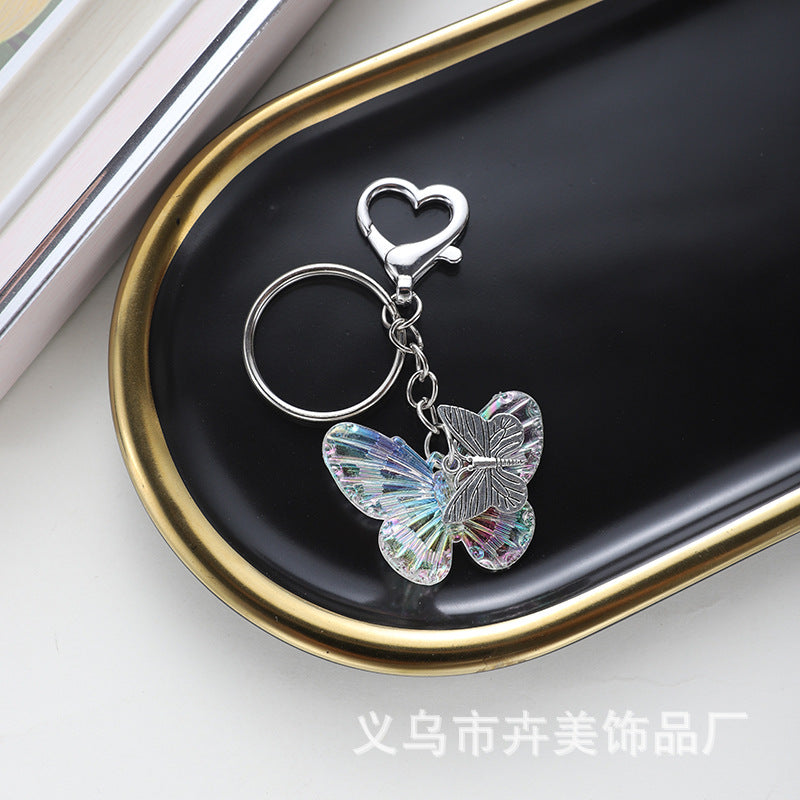 Wholesale Cute cartoon AB color plated butterfly heart keychain