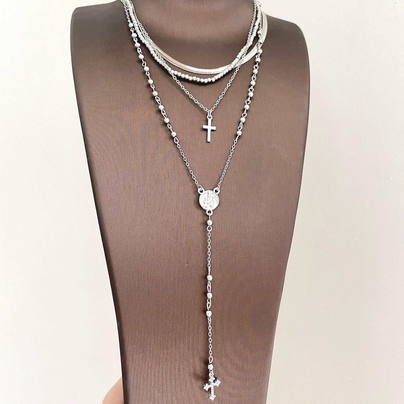 Wholesale Trendy Cross Pendant Layered Clavicle Chain Necklace Silver Tone Vintage Style Fashion Accessory For Everyday