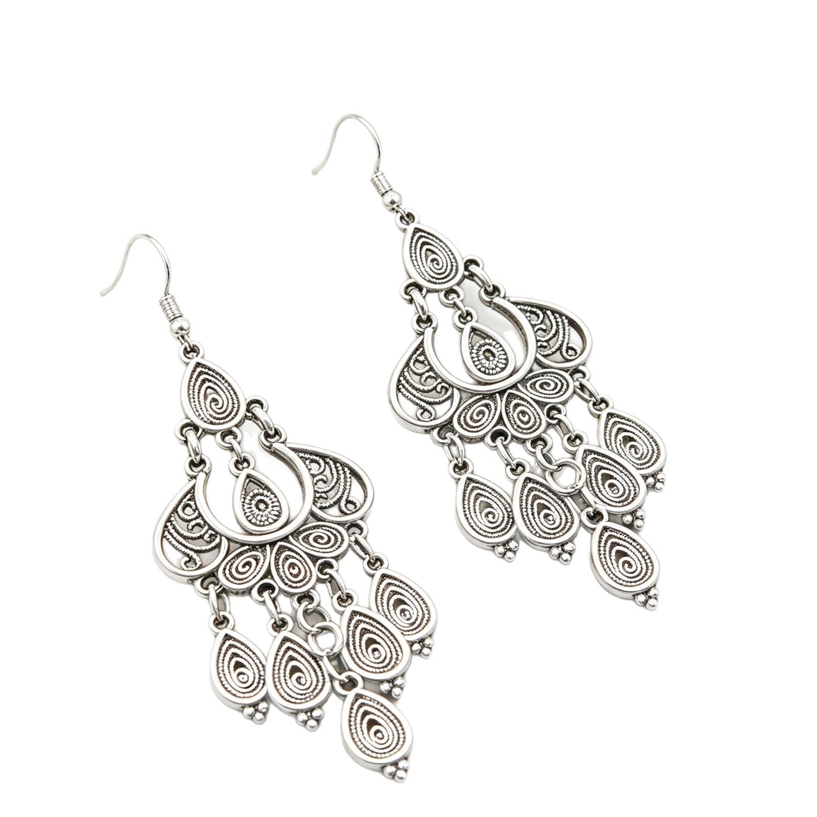 Wholesale Vintage Teardrop Tassel Earrings Distressed Silver Finish Ethnic Style Party Jewelry Accessory