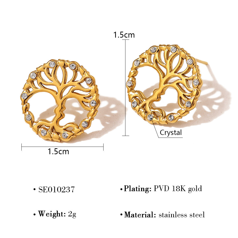 Wholesale Stainless Steel Hollow Tree of Life Diamond Earrings