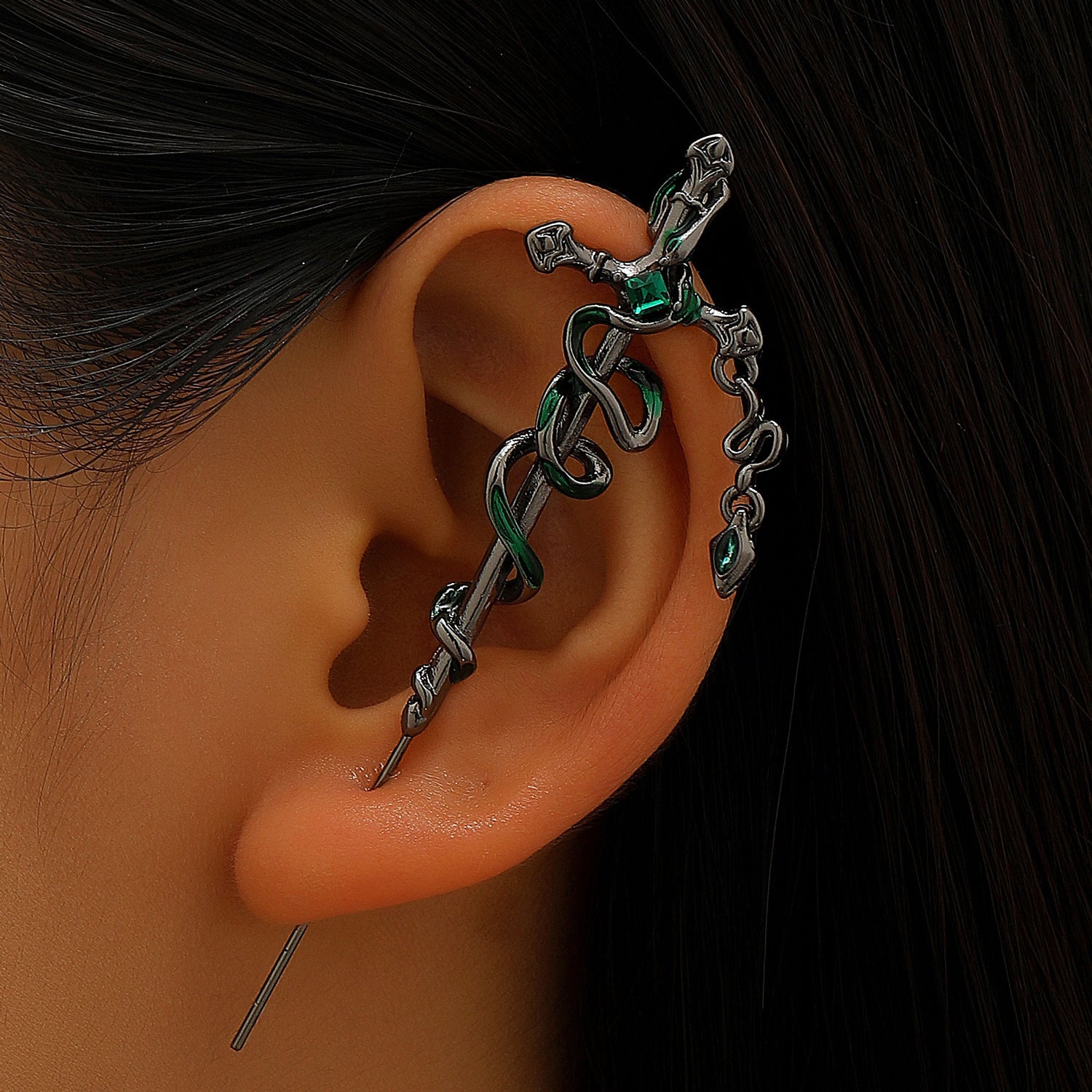 Wholesale Trendy Dark Snake Cross Earrings Metal Double Ear Piercing Jewelry Accessory for Cool Girls Boutique Resale