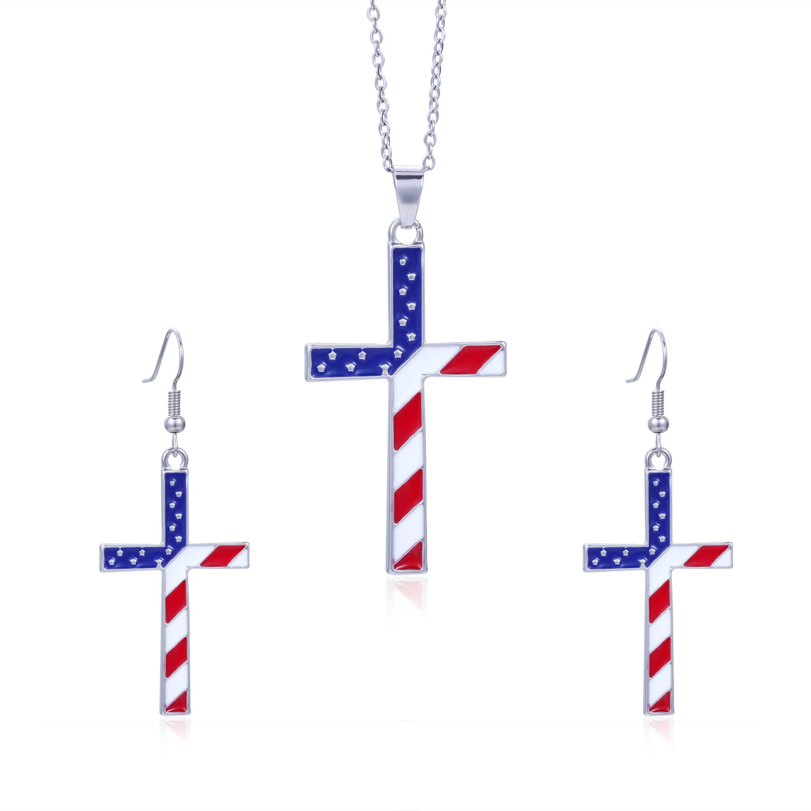 Wholesale American Independence Day Alloy Diamond Flag Stripe Earrings Necklace Set ACC-ES-BinLi001