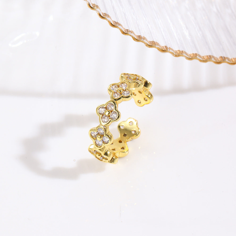 Wholesale Colorful zirconium four-leaf clover flower petal ring