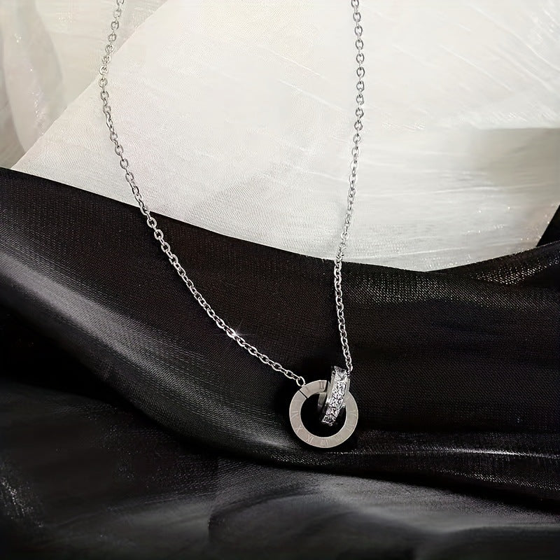 Wholesale Titanium steel double-ring diamond-set Roman numeral necklace