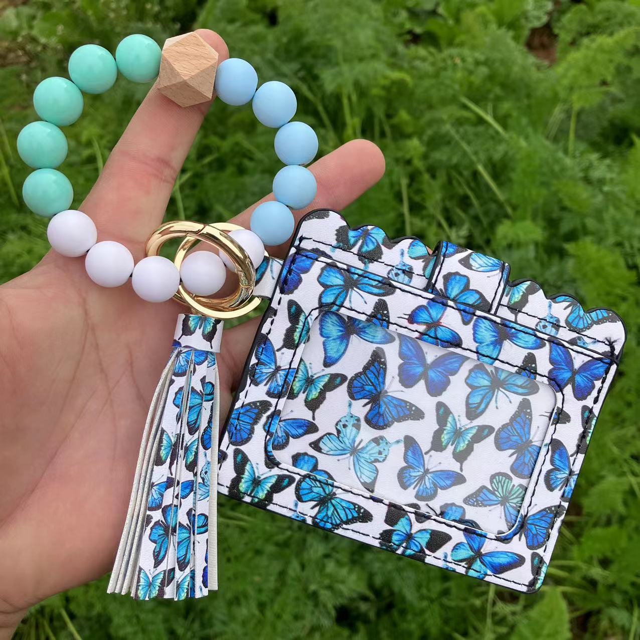 Wholesale Leopard Plaid Western Style Card Holder Silicone Beaded Wristlet Keychain ACC-KC-QiuXue011