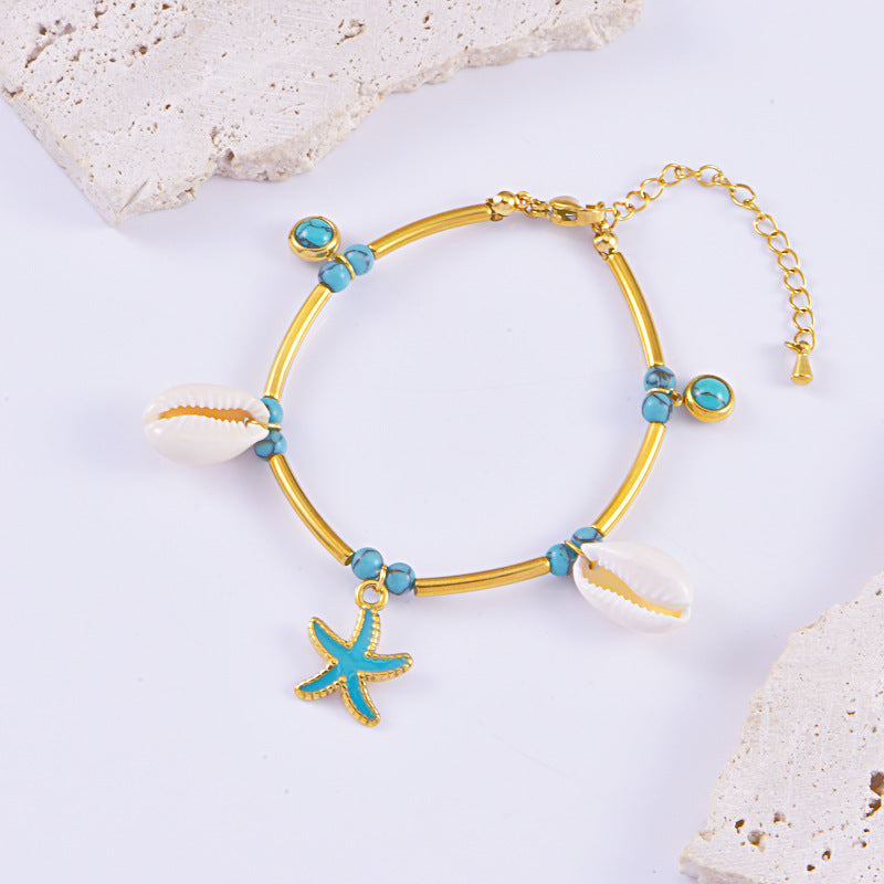 Wholesale Titanium Steel Vacation Ocean Style Bracelet Turquoise Shell Dolphin Bamboo Bracelet