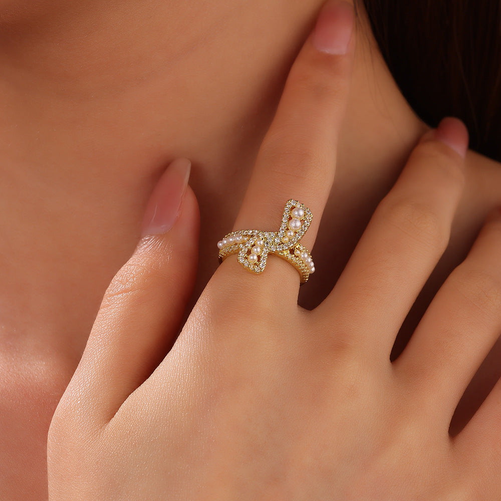 Wholesale Baroque copper-plated gold bow zircon open ring
