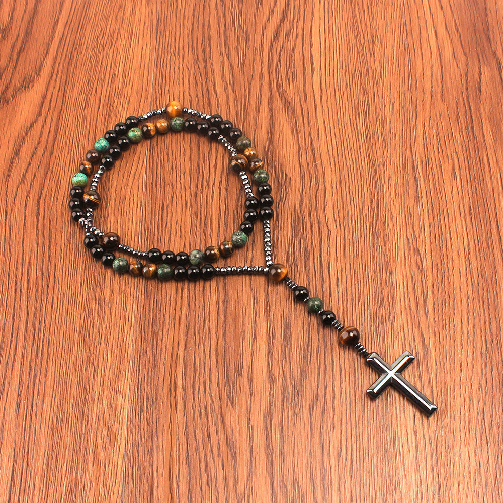 Wholesale Yellow Tiger Eye Retro Natural Stone Men' s Long Cross Necklace