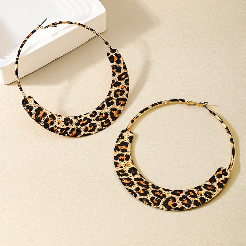 Wholesale exaggerated metal hoop water drop leopard print large circle earrings