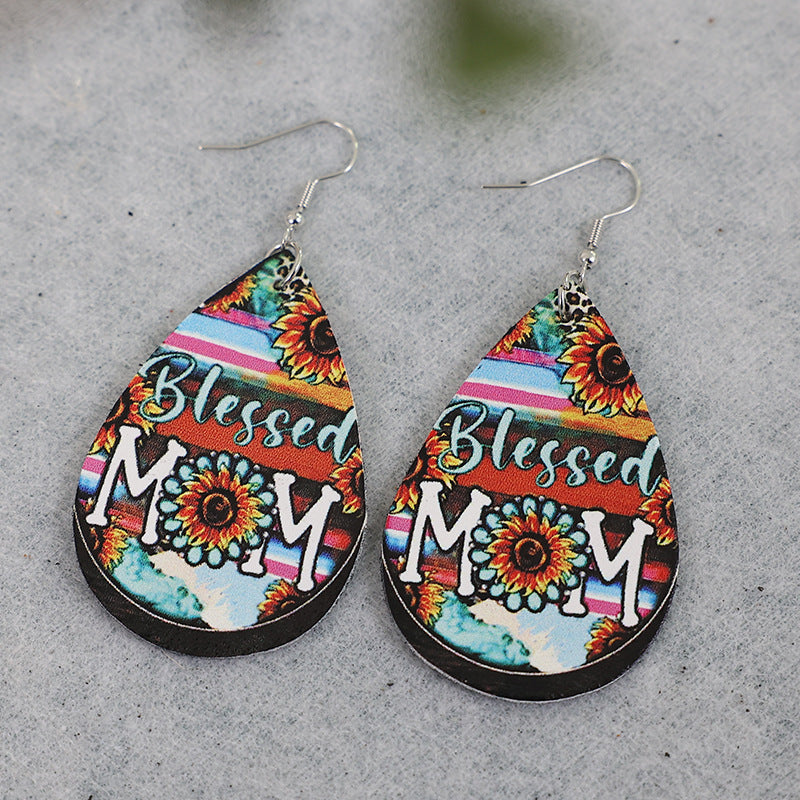 Wholesale Mother' s Day Sunflower Leather Blessing Earrings