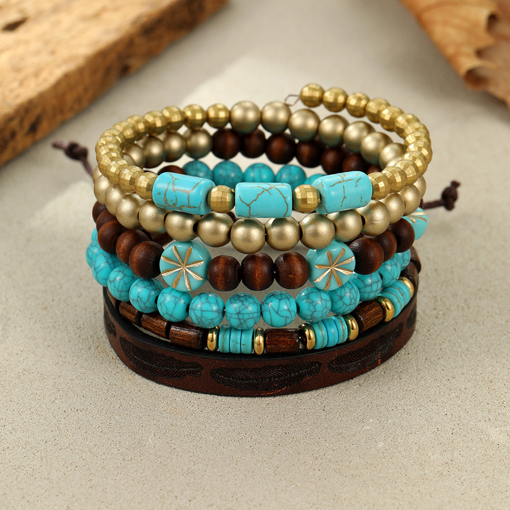 Wholesale Vintage Stacked Turquoise Cross Beaded Pearl Turkish Eye Bracelet Set