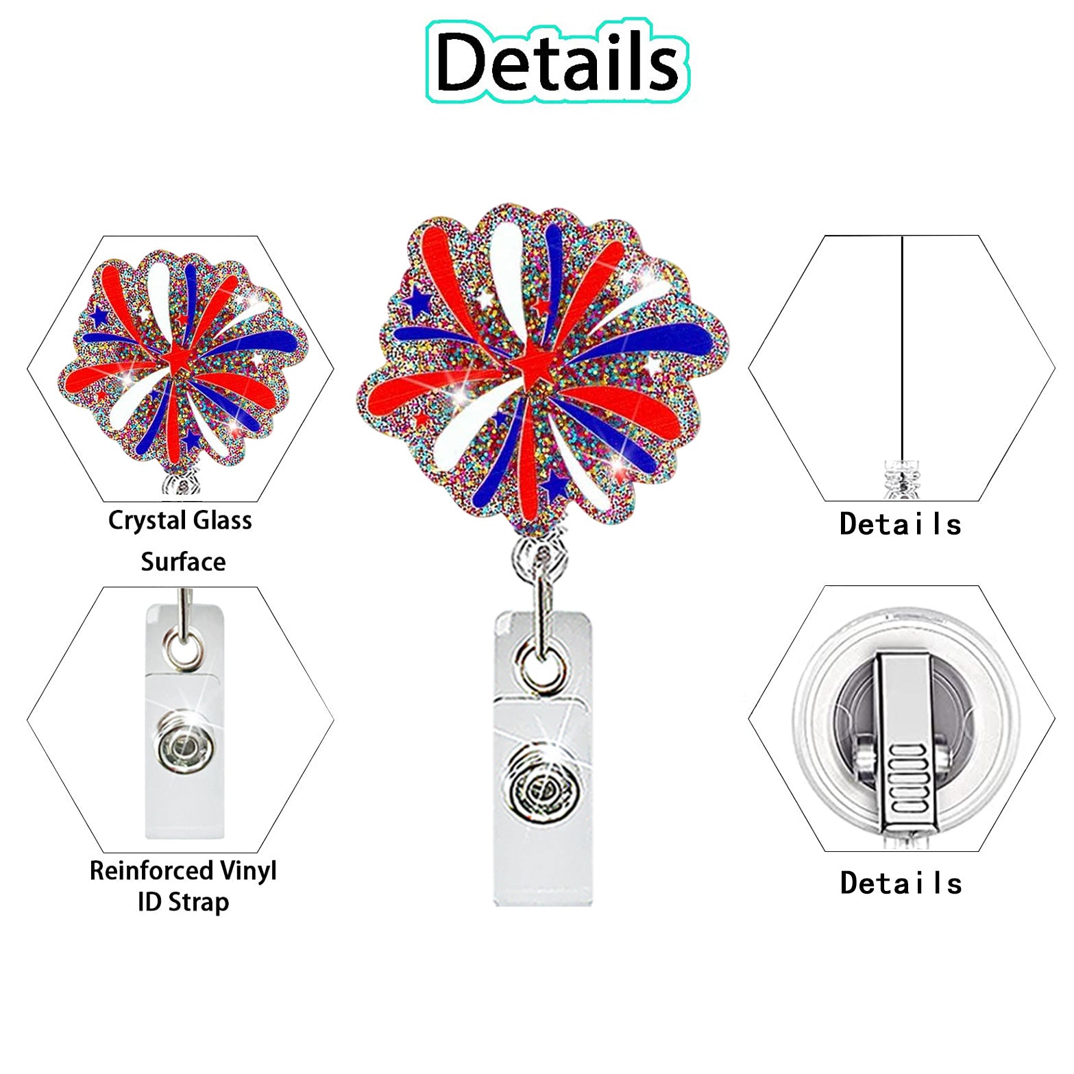Wholesale Chic Patriotic Fireworks Acrylic Retractable Badge Holder Rotating ID Clip for Office and Gift