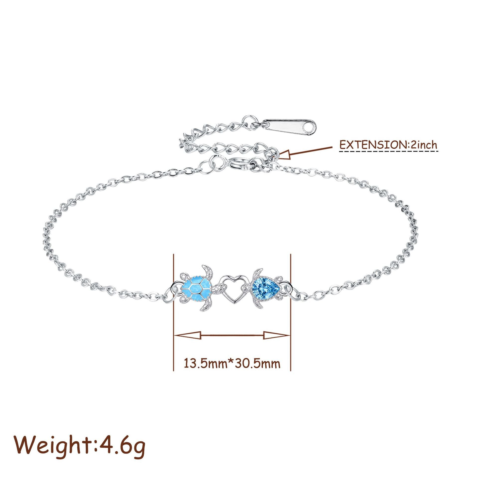 Wholesale Ocean Style Double Turtle Heart Bracelet Blue Zirconia Silver Adjustable Fashion Accessory