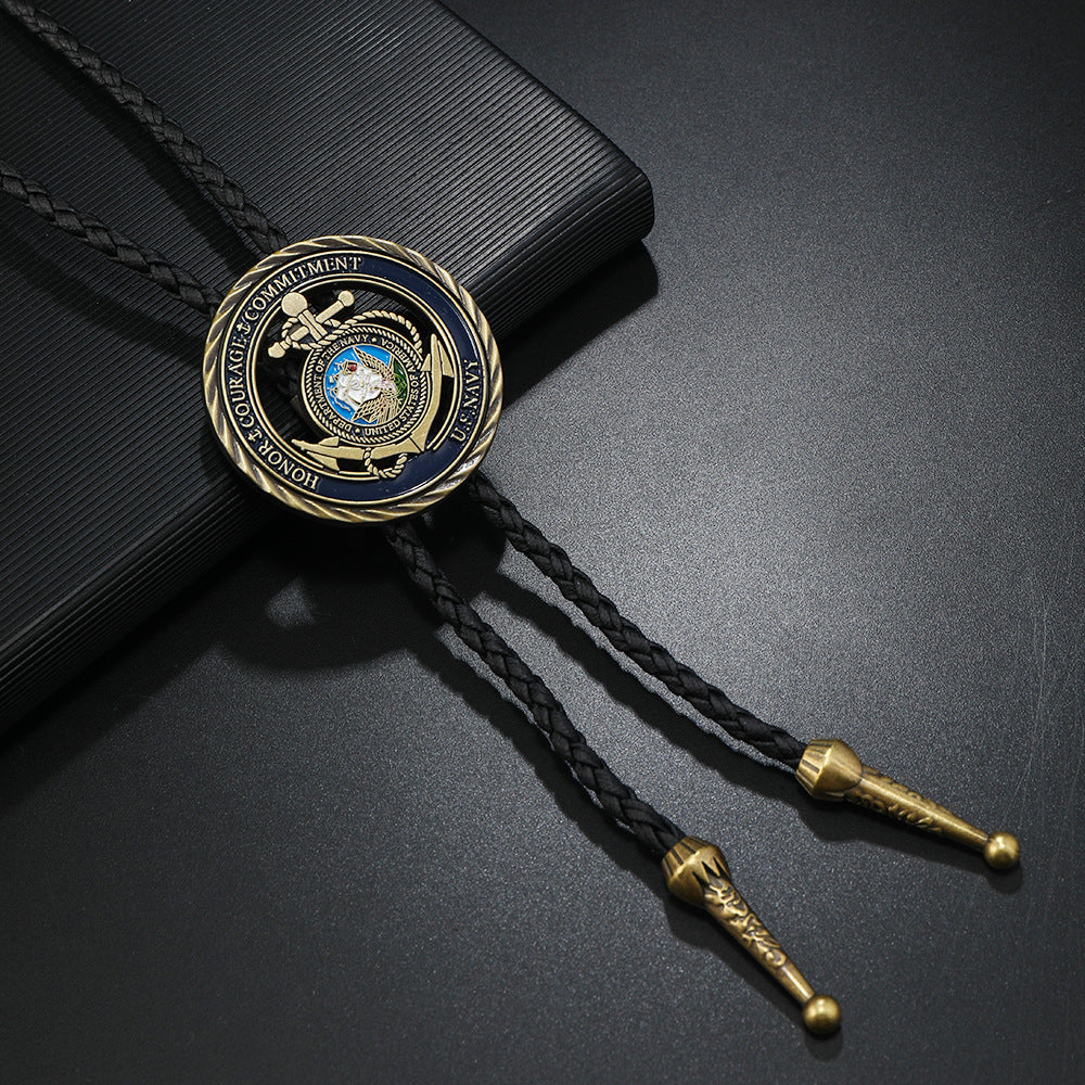 Wholesale Retro Navy Commemorative Coin Bolo Tie Necklace Punk Style Long Chain Bronze Pendant Fashion Accessory