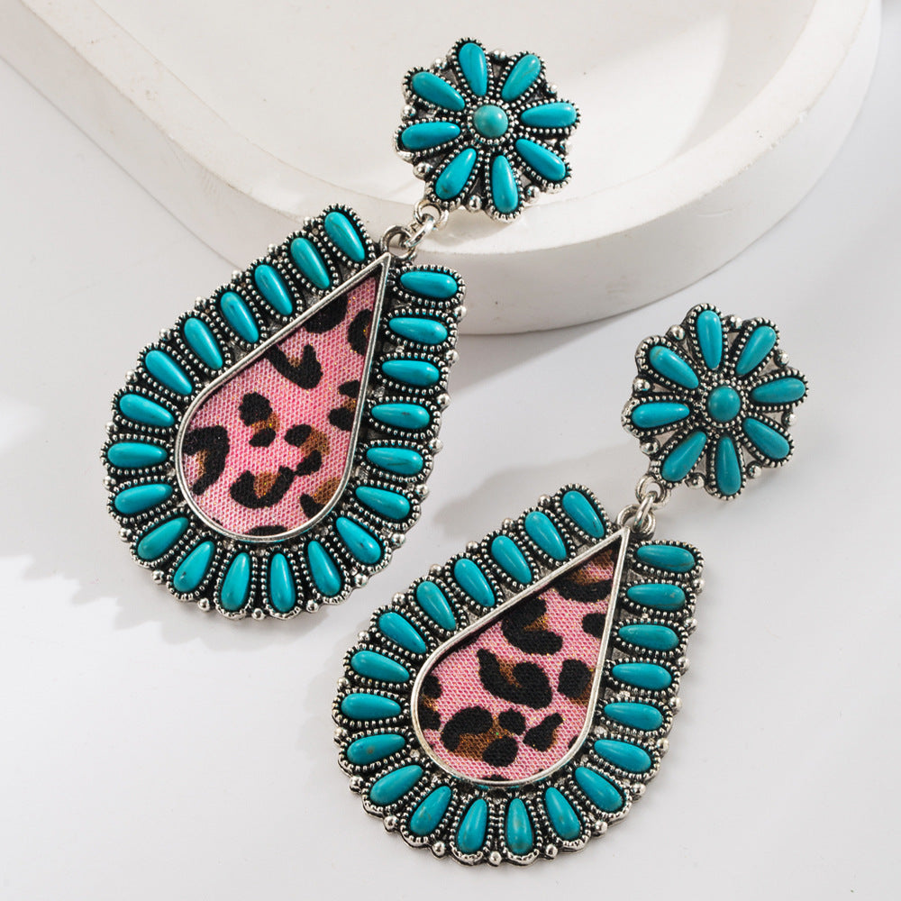 Wholesale Turquoise Leather Western Ethnic Earrings Vintage Court Style Boutique Resale