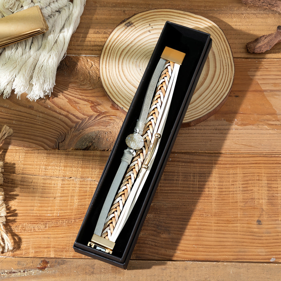 Wholesale stacked woven pu magnetic clasp winding diamond leather bracelet