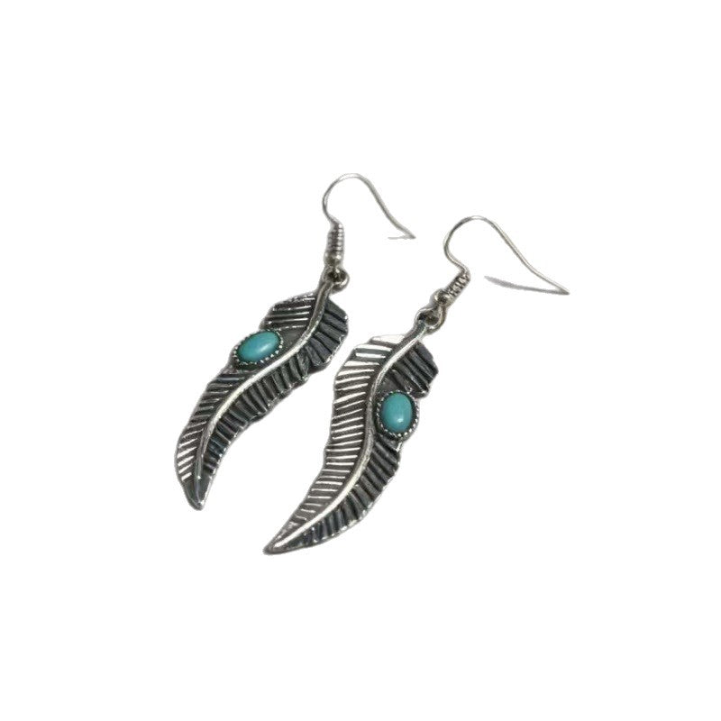 Wholesale Bohemian Retro Feather Earrings with Turquoise Inlays Fashion Accessory for Everyday Gift