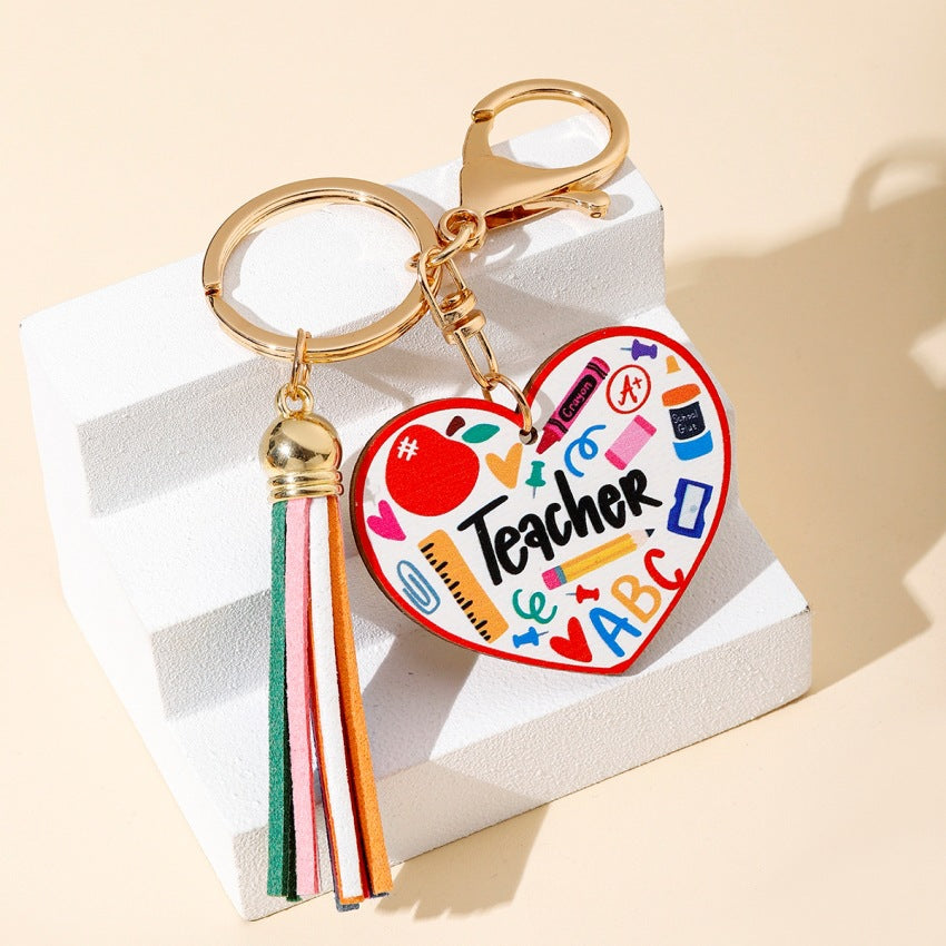 Wholesale Rainbow Teacher’s Day Wooden Sign Tassel Keychain ACC-KC-RongR043