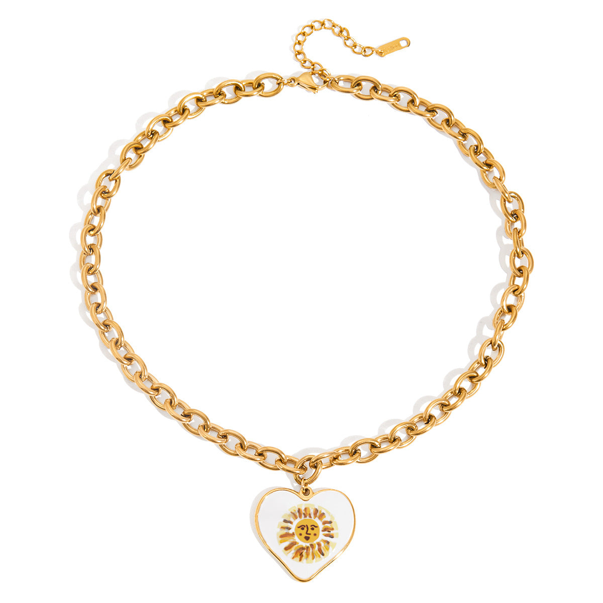 Wholesale  18K Gold Stainless Steel Oil Drop Printed Heart Face Pendant Versatile Necklace