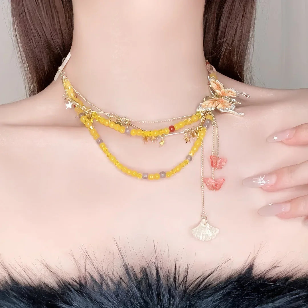 Wholesale  Diamond-encrusted Butterfly Pearl Double Layer Stacked  Necklace