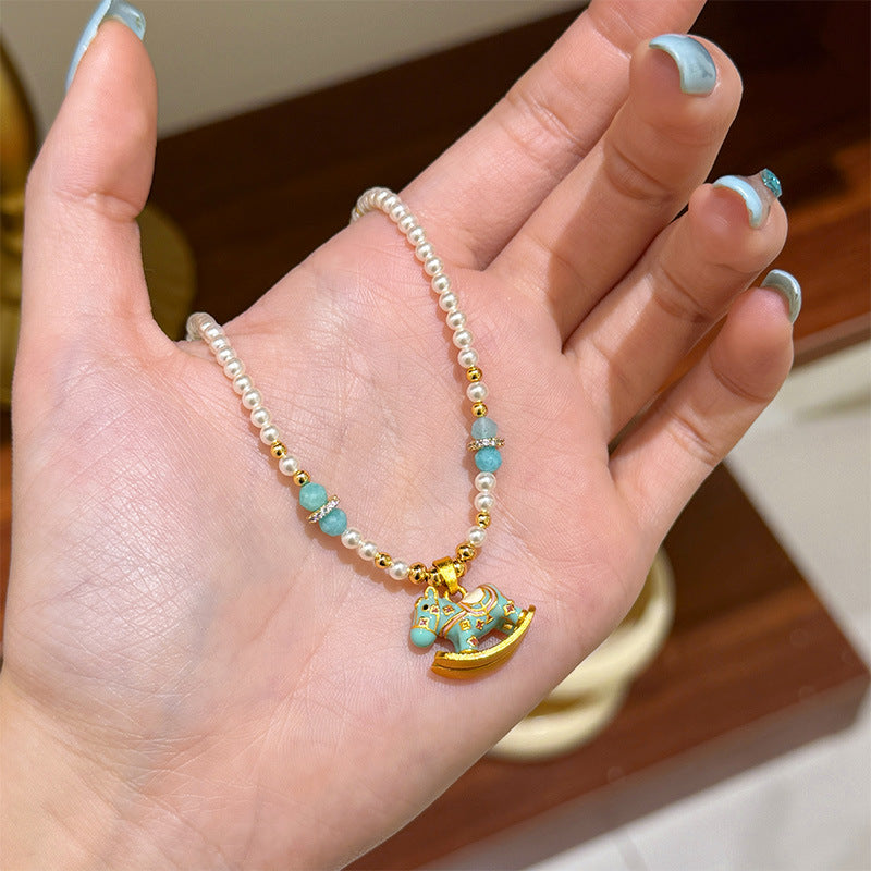 Wholesale Summer Cute Color Dopamine Oil Enamel Trojan Horse Pearl Necklace