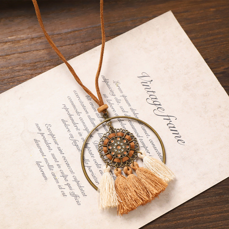 Wholesale Bohemian Vintage Long Tassel Necklace,  Handwoven Mixed Material Pendant,  Chic Jewelry Accessory for Women