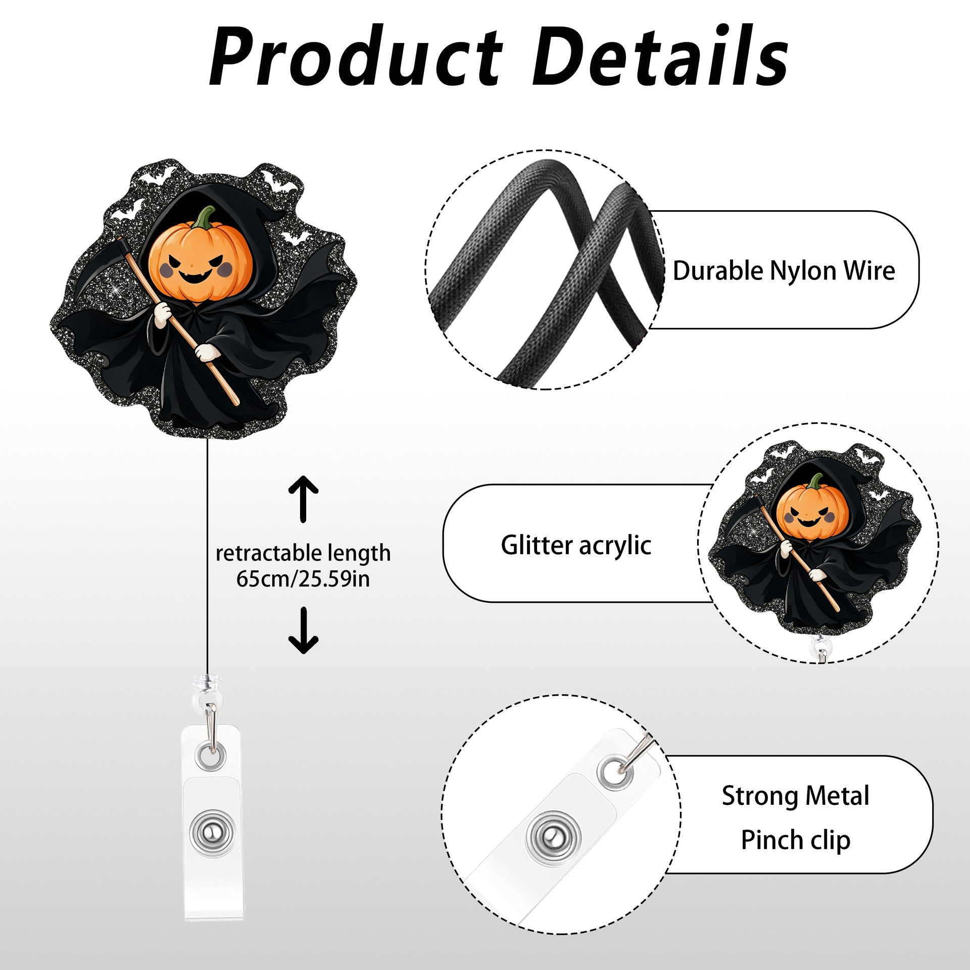Wholesale  Glitter Acrylic Retractable ID Badge Holder Pumpkin Ghost Design Decorative Gift Accessory