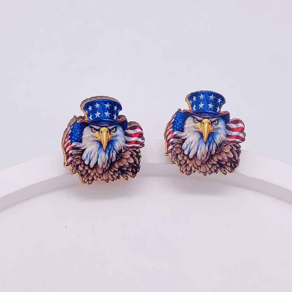 Wholesale American Flag Independence Day Wooden Stud Earrings Heart Shape Pentagram Sunflower Earrings ACC-ES-Cheny007