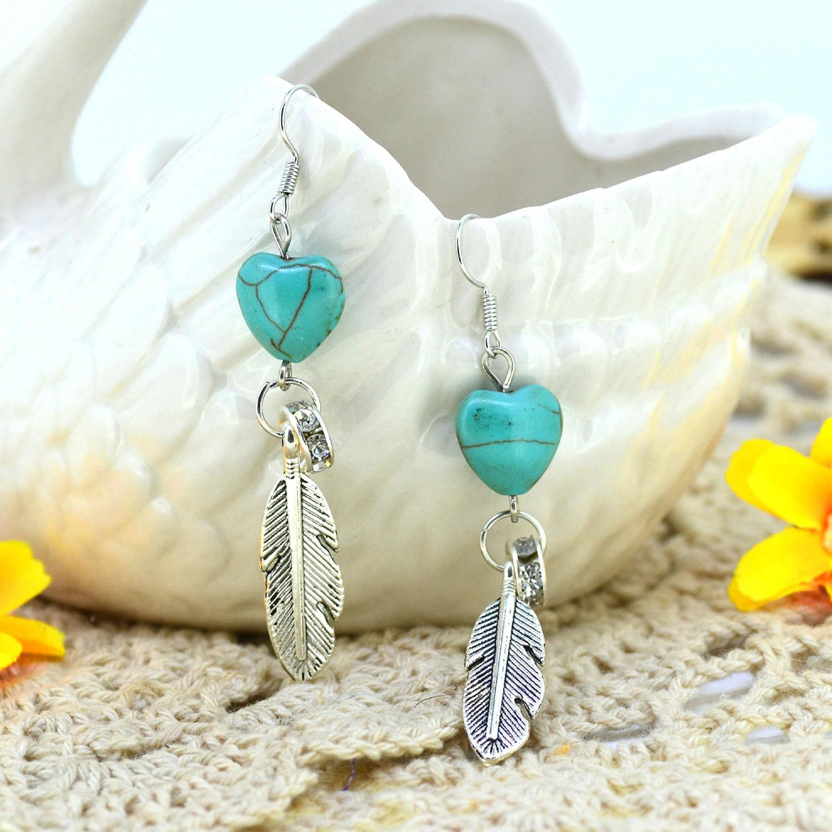 Wholesale Zinc Alloy Turquoise Heart Feather Drop Earrings Boho Style Jewelry Accessory Gift