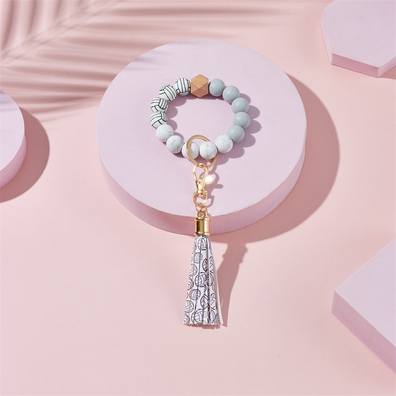 Wholesale Football Basketball Baseball Silicone Beaded Leather Tassel Wrist Keychain