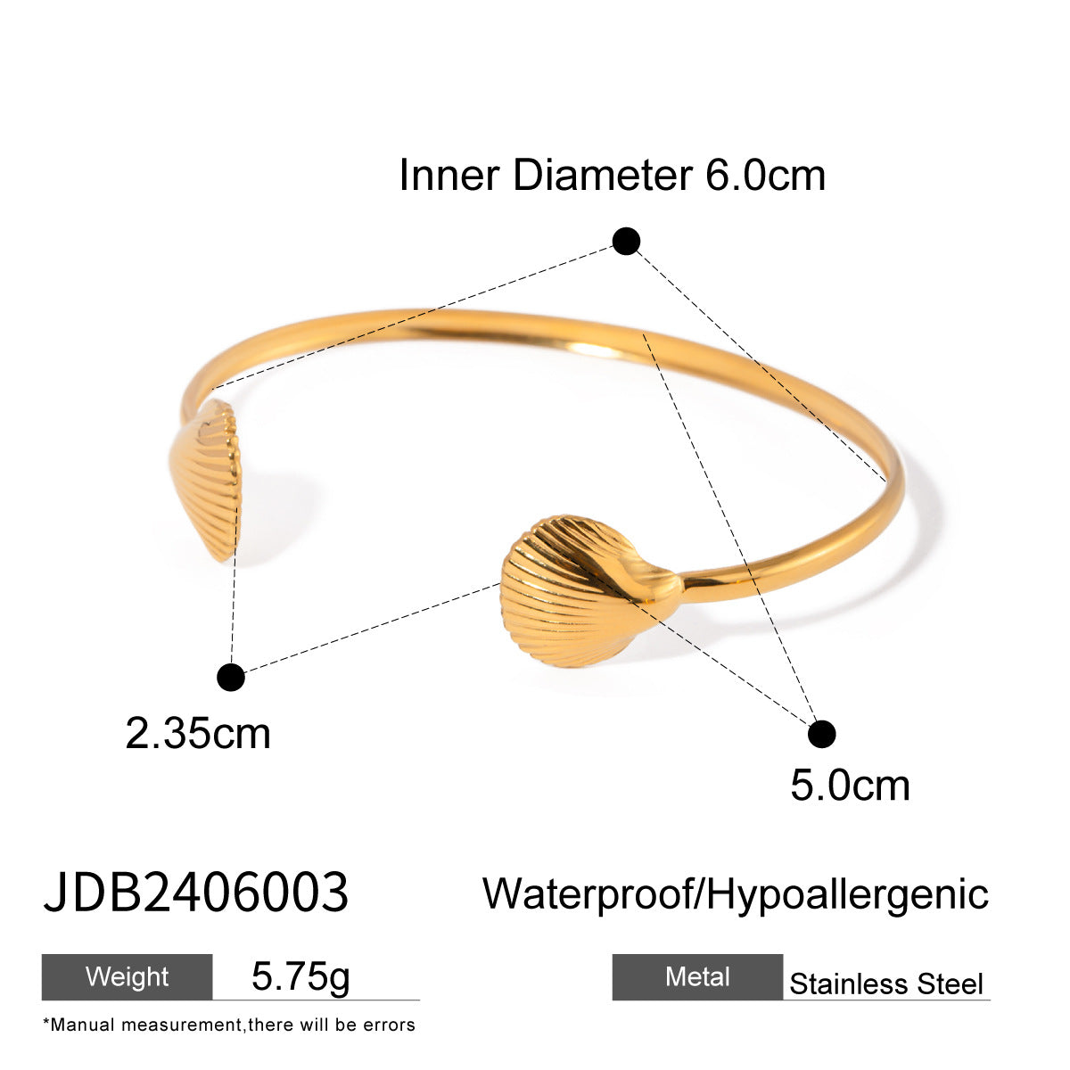 Wholesale  retro style 18k gold stainless steel small scallop simple opening bracelet