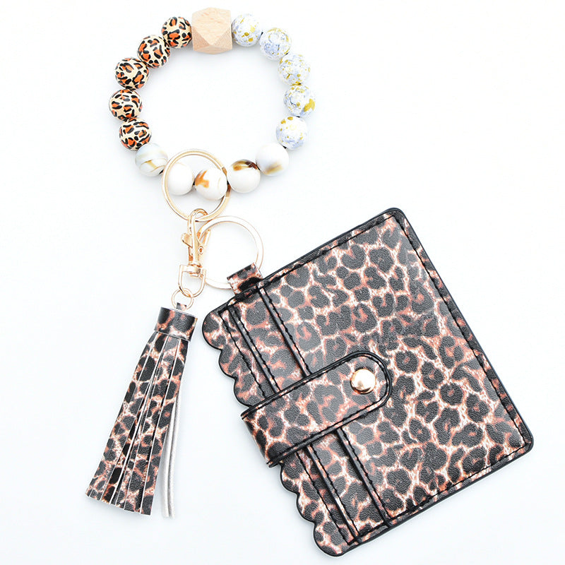 Wholesale Leopard Plaid Western Style Card Holder Silicone Beaded Wristlet Keychain ACC-KC-QiuXue011