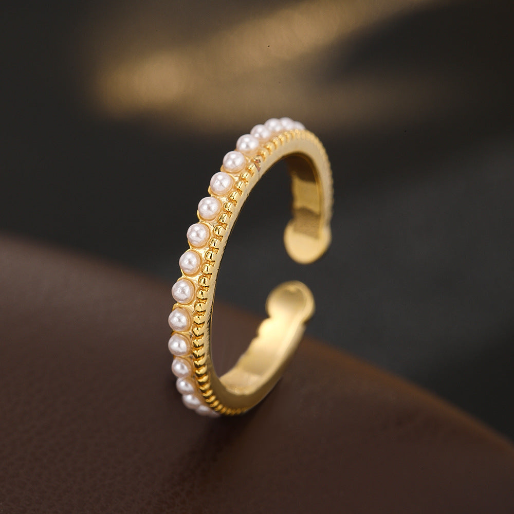 Wholesale Trendy Pearl Design Open Stacking Ring Copper Zircon Electroplated Jewelry For Women Everyday Chic Accessory