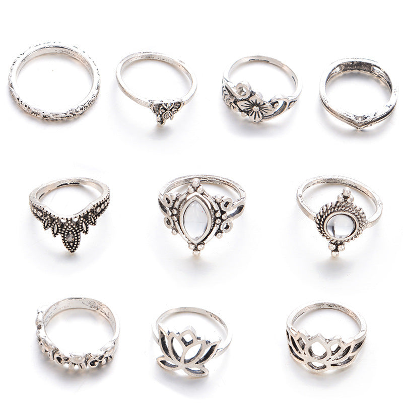 Wholesale 10pcs/set hollow carved large gemstone lotus shape ring combination