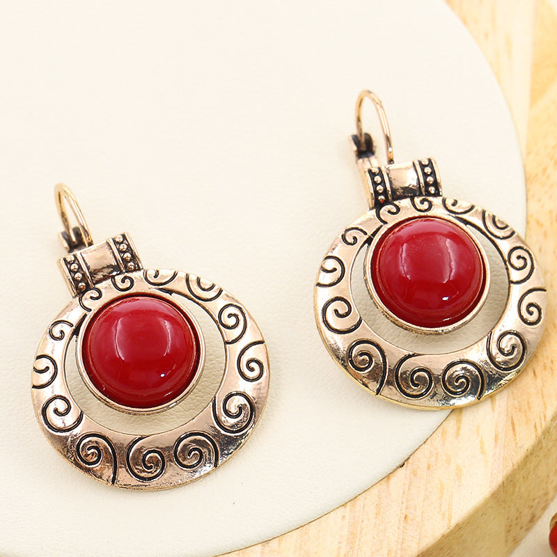 Wholesale French Retro Ethnic Style Red Rice Bead Round Earrings Alloy Dripping Oil Finish Everyday Wear Gift