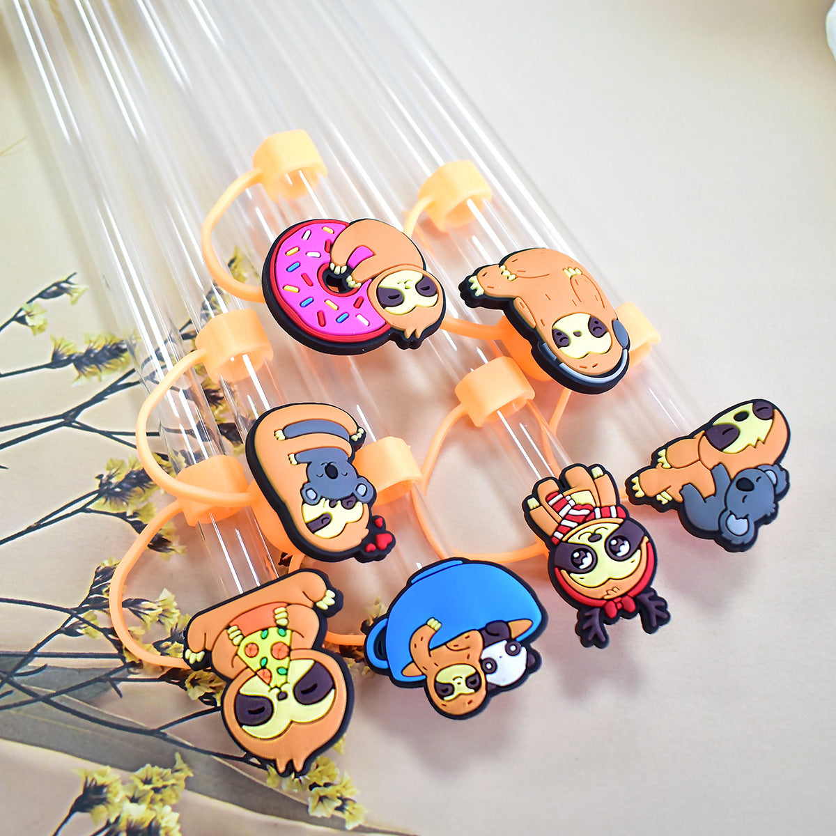 Wholesale Random 100pcs Cartoon Sloth Straw Tube Cap 10mm Soft Glue Straw Decoration Straw Cover ACC-SCR-RYY047
