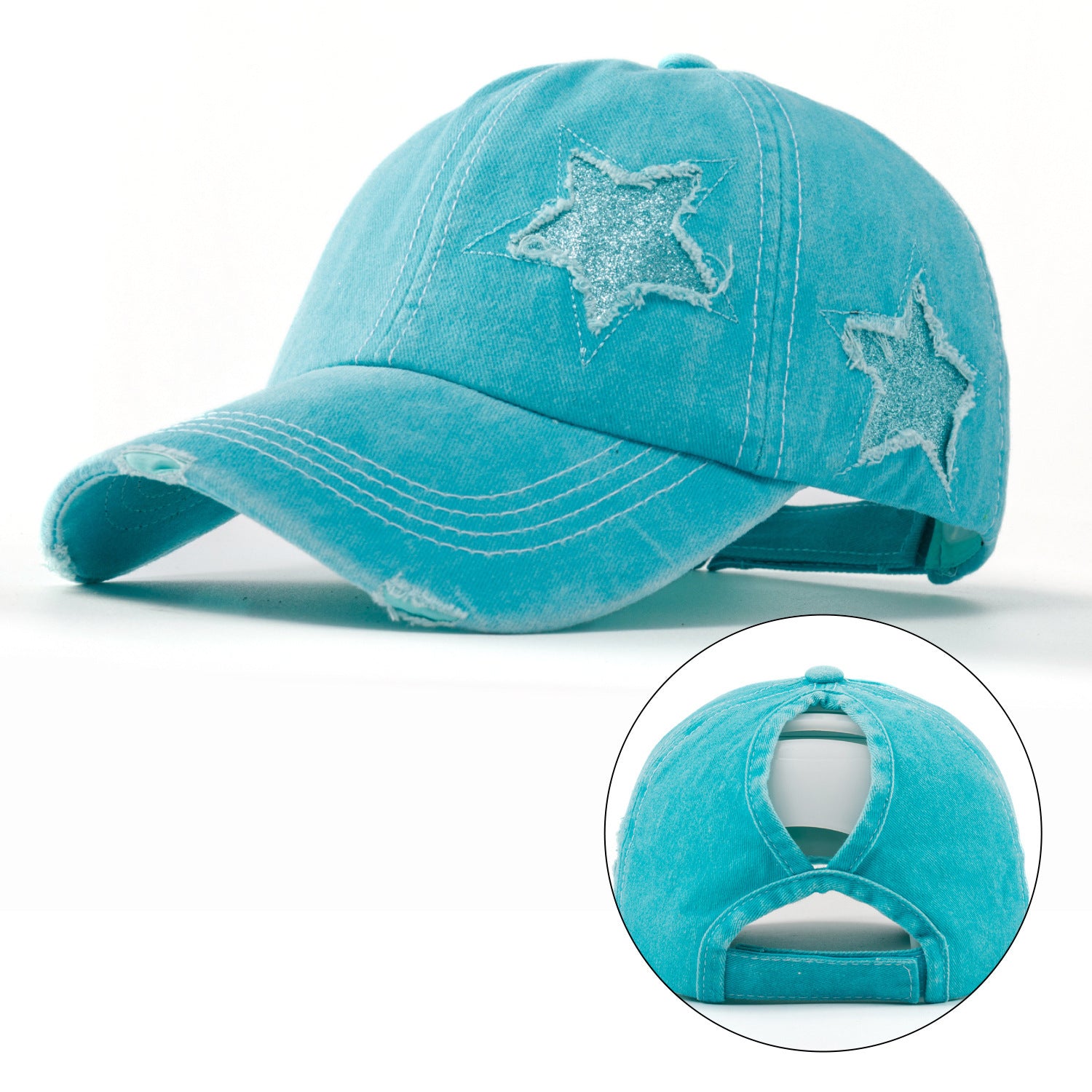 Wholesale Stylish Washed Cotton Baseball Cap Five Point Star Distressed Ponytail Hole Adjustable Curved Brim Black Hat For Casual Use And Resale