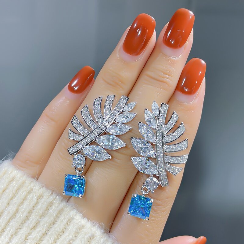 Wholesale Feather Leaf Zircon Blue Gemstone Earrings