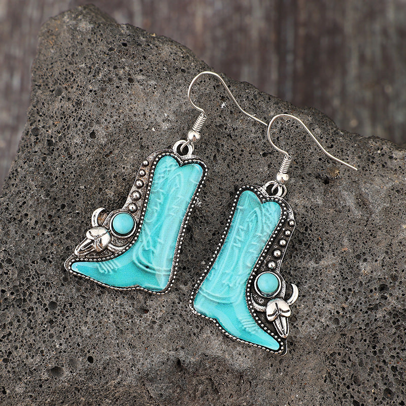 Wholesale Vintage Bohemian Turquoise Cowboy Boot Earrings,  Alloy Oil Drip Jewelry Accessory