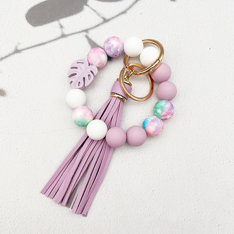 Wholesale Leaf Silicone Printed Silicone Beaded Tassel Keychain ACC-KC-JiuYa019