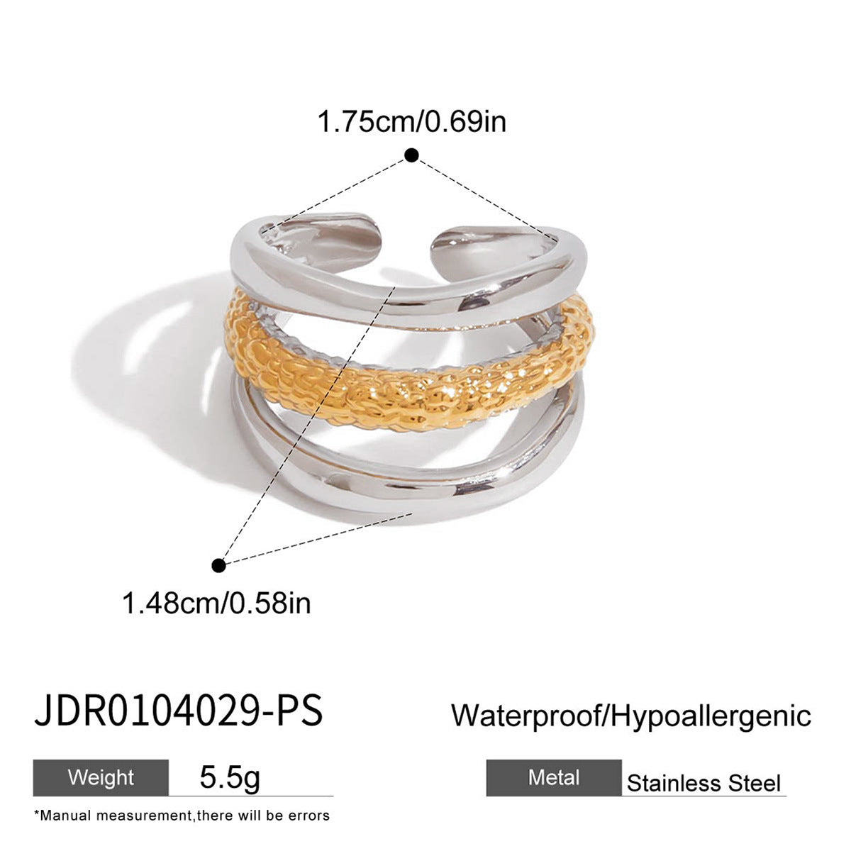 Wholesale 18K gold and stainless steel gold and silver three-layer hollow  open ring