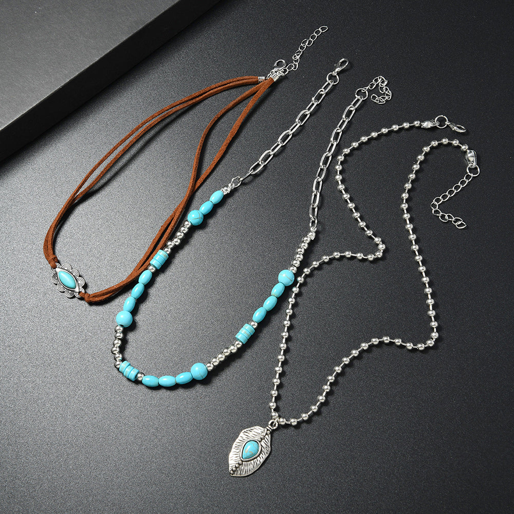 Wholesale Handmade Vintage Turquoise Multi Layer Necklace Set For Women Long Layered Sweater Chain Pendant Stylish Fashion Accessory Gift